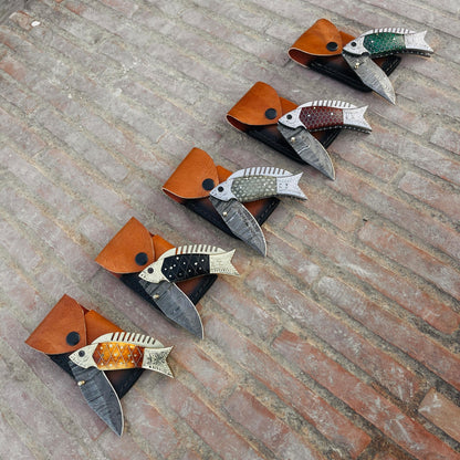Personalized 5 Color Option Handmade Fish Damascus Folding Pocket Knife with Leather Pouch Custom Engraved Fishing Gift for Men Anniversary Gift for Groomsmen