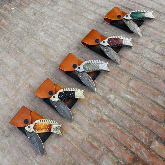 Personalized 5 Color Option Handmade Fish Damascus Folding Pocket Knife with Leather Pouch Custom Engraved Fishing Gift for Men Anniversary Gift for Groomsmen