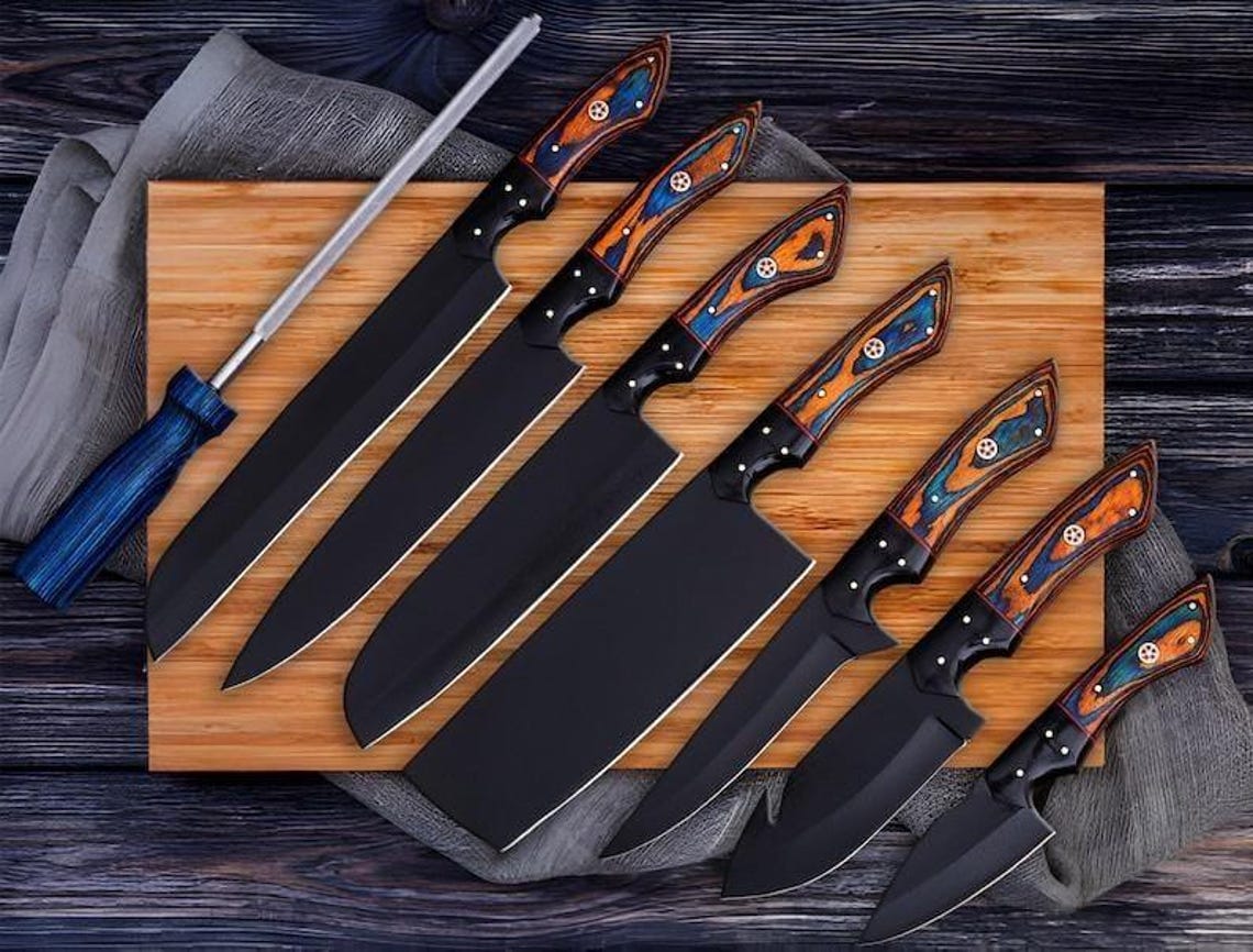 Black Premium Forged Chef Knife Set – Kitchen & Outdoor Cooking Set with Leather Roll | Gift for Him Valentine Gift