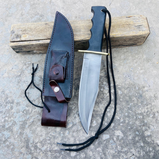 Handmade Bowie knife crafted from 5160 spring steel featuring a black micarta handle and brass guard. Includes a dark brown leather sheath with secure snap closure. Ideal for hunting, camping, and survival. Each knife is hand-forged for maximum toughness and balance, offering superior edge retention. Perfect for collectors or as a personalized gift for men who appreciate craftsmanship and performance.