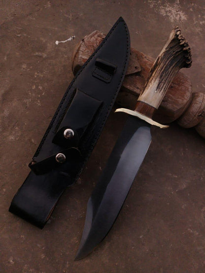 Full view of hand-stitched black leather sheath designed for handmade Bowie knife.