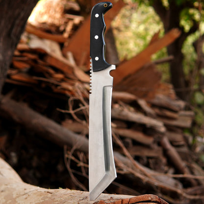 Side angle image showing bowie knife with leather sheath highlighting sheath structure button closure and protective design created for safe storage transport and outdoor convenience.