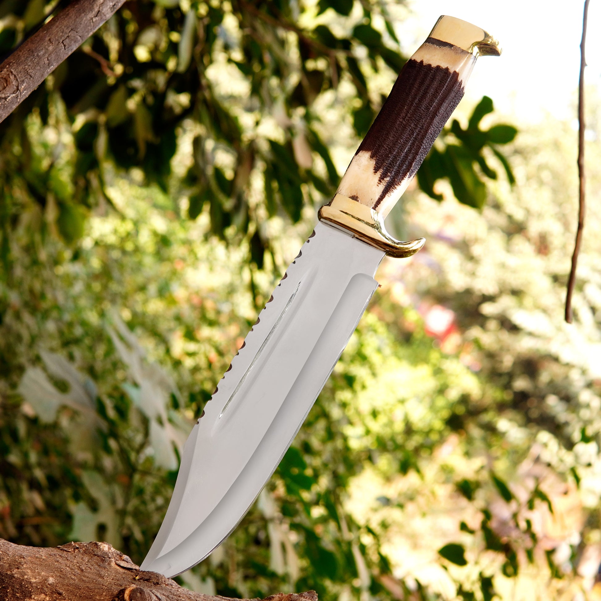 Close-up of a polished steel blade bowie knife showing refined finish and strong profile.