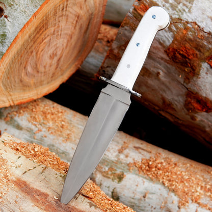 Detailed image showing polished blade edge and spine design of handmade bowie knife emphasizing craftsmanship, balance and strong outdoor style suitable for collectors and camping gear lovers.