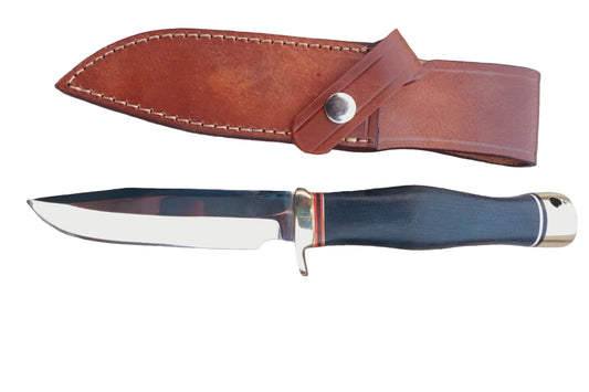 Handmade hunting knife with polished carbon steel blade, black handle, brass guard, and brass butt cap. Includes a hand-stitched leather sheath for safe carrying. Designed for outdoor use, hunting, and camping.