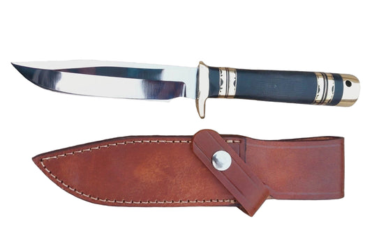 Handmade hunting knife with carbon steel mirror-polished blade, black micarta handle, and brass spacers for strength. Includes a stitched leather sheath for protection. Built for hunters, campers, and collectors.
