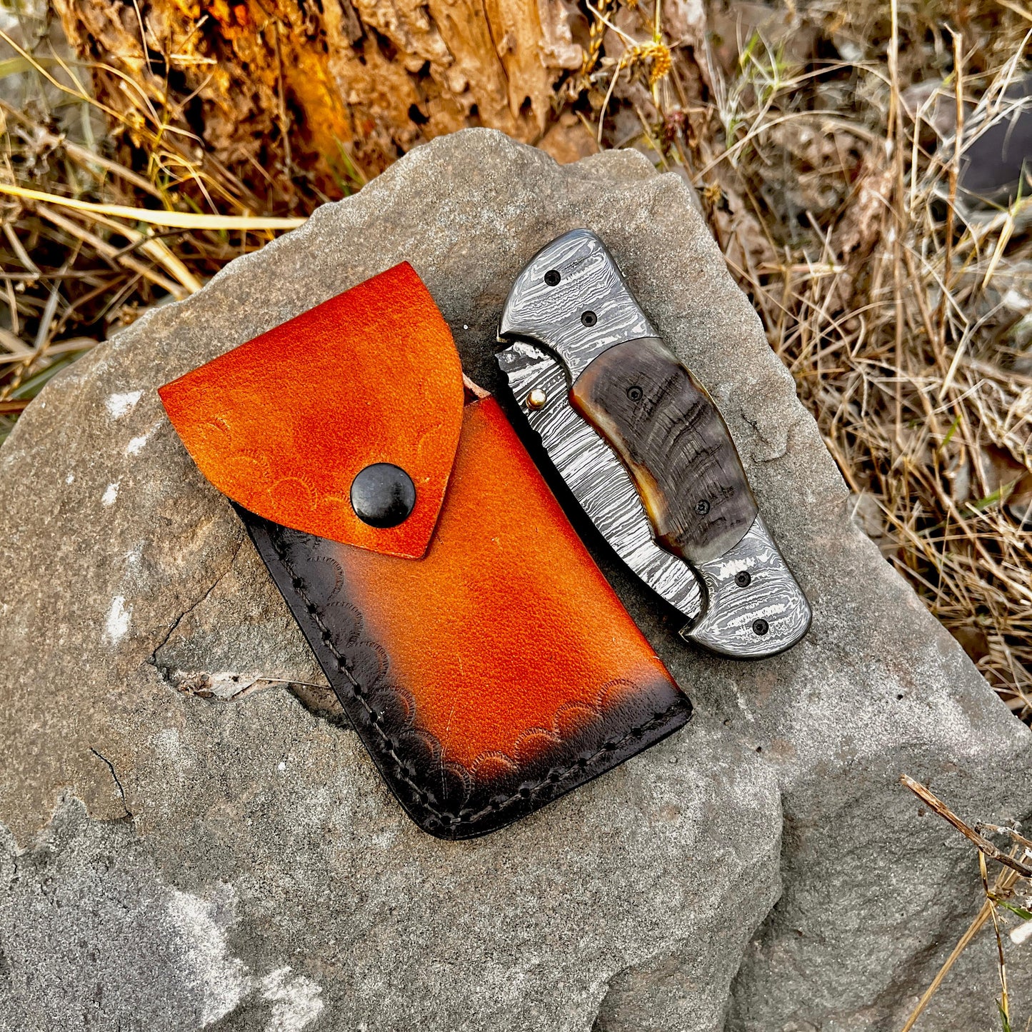 Personalized Damascus Folding Pocket Knife Ram Horn Handle Handmade EDC Knife with Pouch Engraved Anniversary Gift for Him