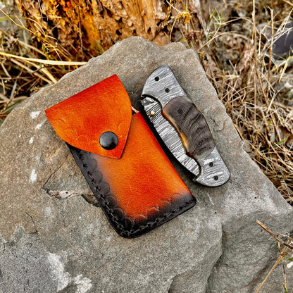 Personalized Damascus Folding Pocket Knife Ram Horn Handle Handmade EDC Knife with Pouch Engraved Anniversary Gift for Him