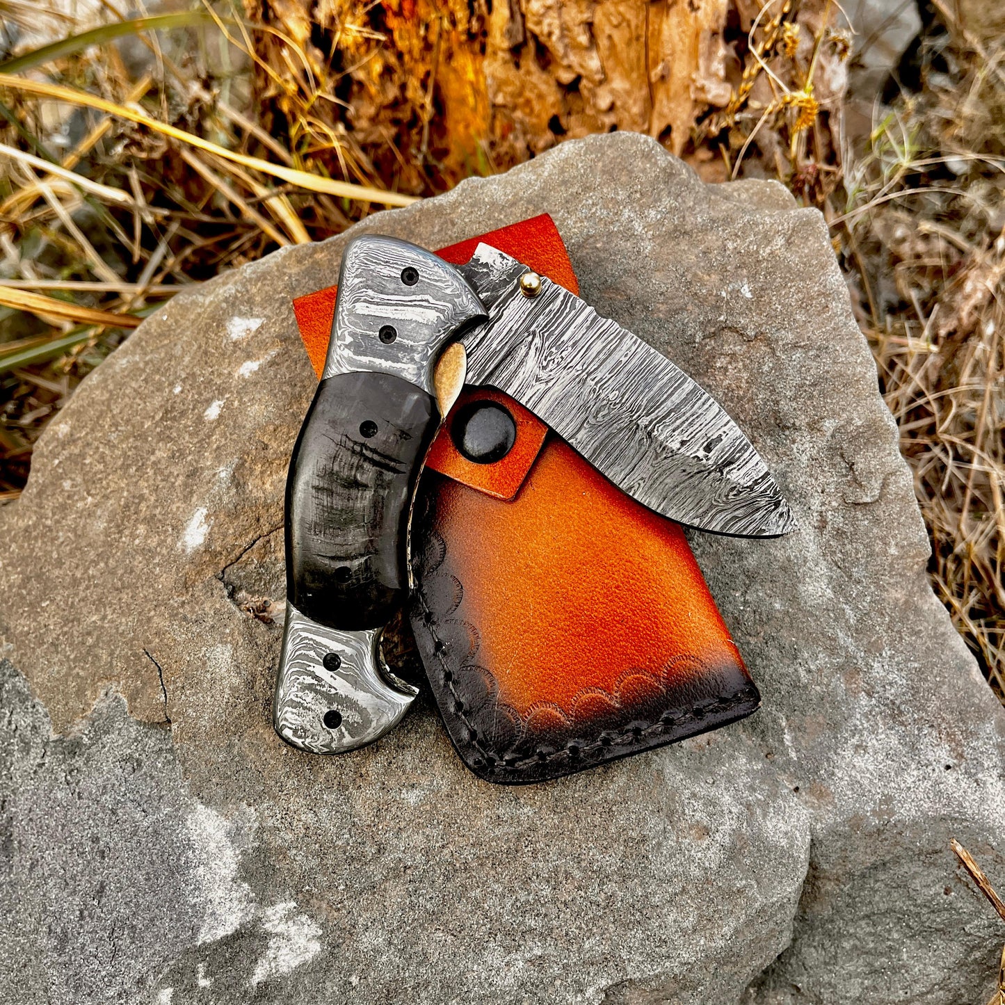 Personalized Damascus Folding Pocket Knife Ram Horn Handle Handmade EDC Knife with Pouch Engraved Anniversary Gift for Him