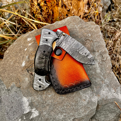 Personalized Damascus Folding Pocket Knife Ram Horn Handle Handmade EDC Knife with Pouch Engraved Anniversary Gift for Him