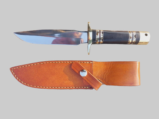 Custom micarta handle hunting knife with polished carbon steel blade and brass fittings. Comes with a leather sheath to protect the knife, ensuring portability and safety for outdoor use. A reliable and unique handmade blade for hunting or display.