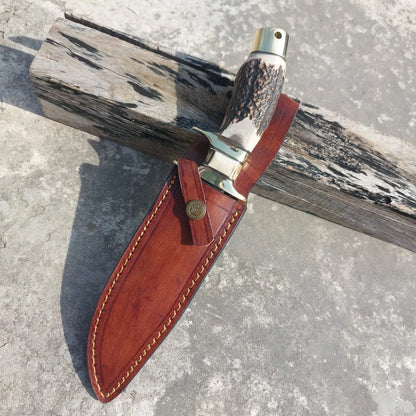 High carbon steel subhilt hunting knife featuring brass fittings and polished finish. Includes a stitched leather sheath for portability and safe carry. An excellent choice for hunting, camping, survival, or knife collections.