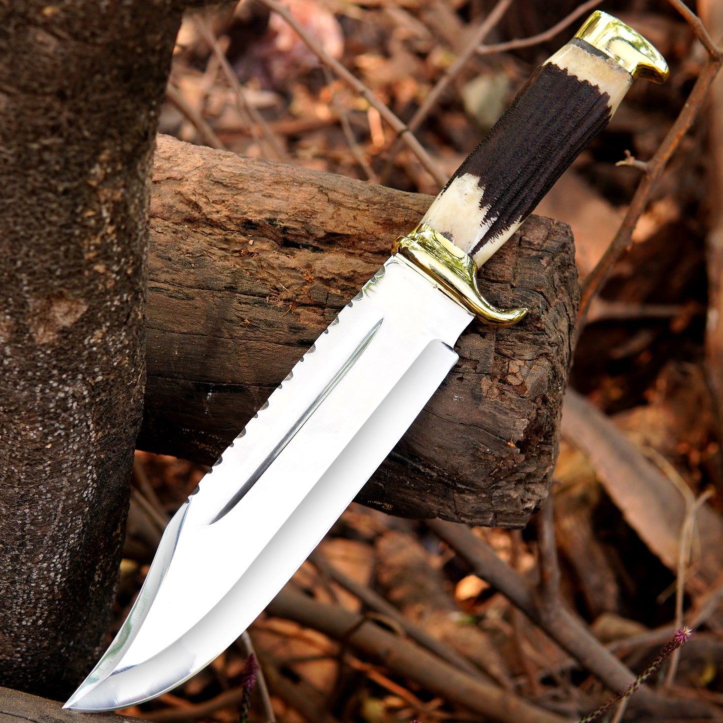 Artisan made bowie knife paired with a premium leather sheath for safe storage.