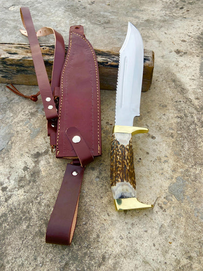 Bazil Blades Handmade Bowie Knife — Heavy-Duty Fighting & Survival Bowie with Stag Handle and Professional Leather Sheath