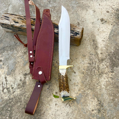 Bazil Blades Handmade Bowie Knife — Heavy-Duty Fighting & Survival Bowie with Stag Handle and Professional Leather Sheath