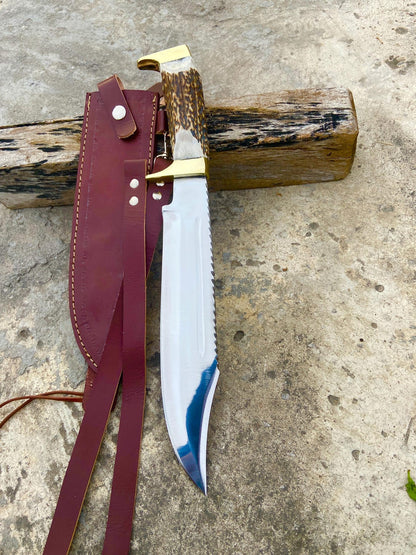 Bazil Blades Handmade Bowie Knife — Heavy-Duty Fighting & Survival Bowie with Stag Handle and Professional Leather Sheath