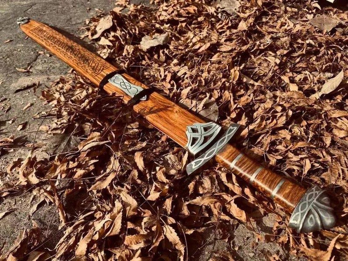Handmade Viking Sword — Norse Damascus Steel, Celtic Knotwork Scabbard (36" Overall)