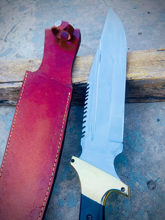 Handmade Carbon Steel Bowie / Hunting Knife with Black Micarta & Brass Handle + Leather Sheath