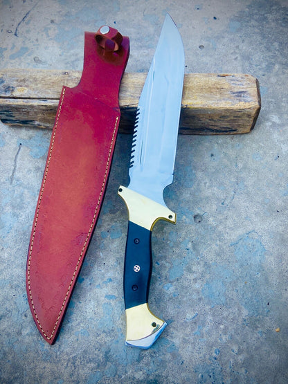 Handmade Carbon Steel Bowie / Hunting Knife with Black Micarta & Brass Handle + Leather Sheath