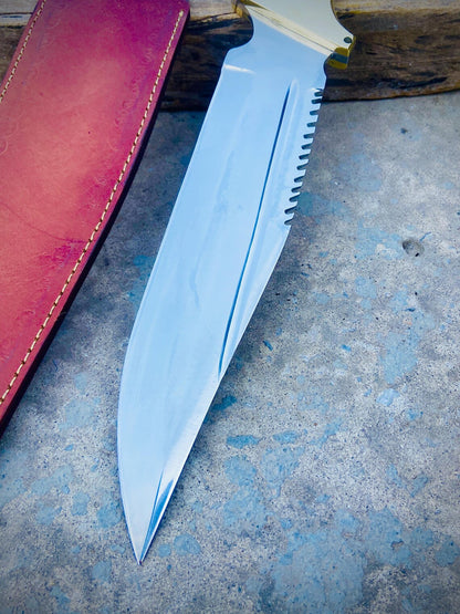 Handmade Carbon Steel Bowie / Hunting Knife with Black Micarta & Brass Handle + Leather Sheath