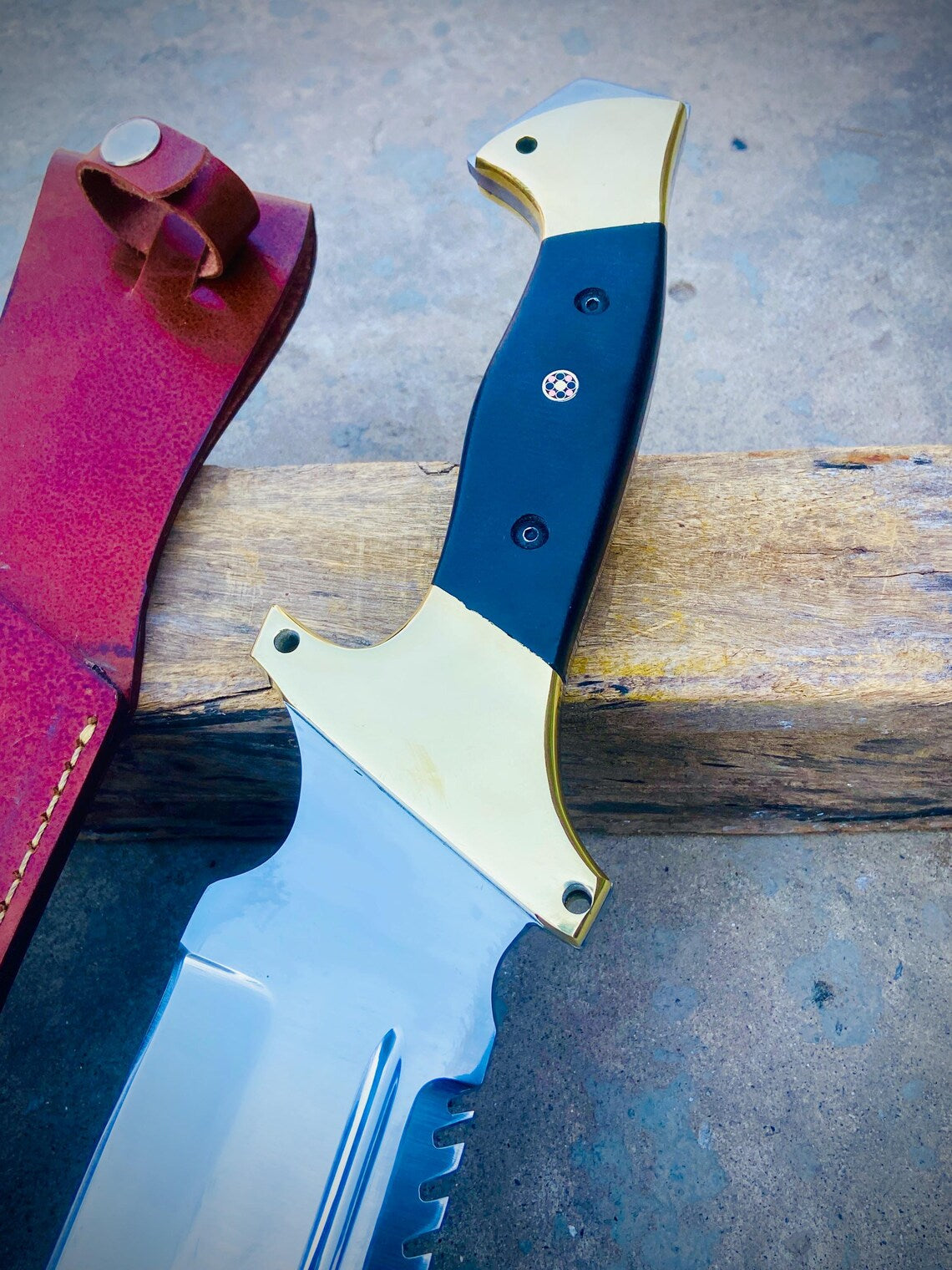 Handmade Carbon Steel Bowie / Hunting Knife with Black Micarta & Brass Handle + Leather Sheath