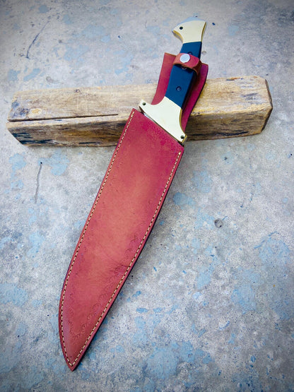 Handmade Carbon Steel Bowie / Hunting Knife with Black Micarta & Brass Handle + Leather Sheath