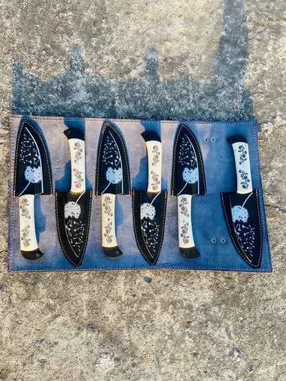 Complete 6-piece handmade steak knife set with handstitched leather roll for kitchen and camping use.