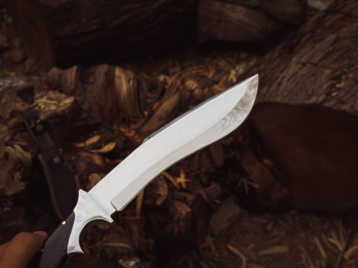 Hero shot of the complete knife with sheath beside it on weathered tree bark.