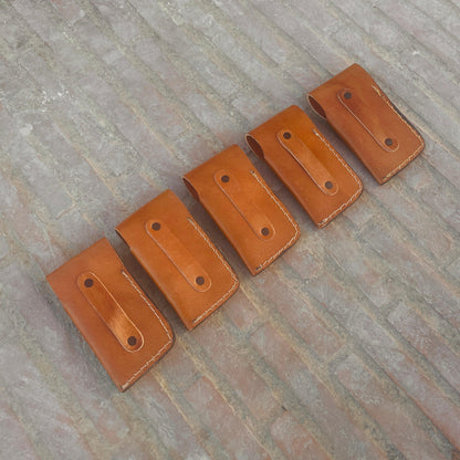 Leather pouch for pocket knife showing stitched edges and protective storage design.