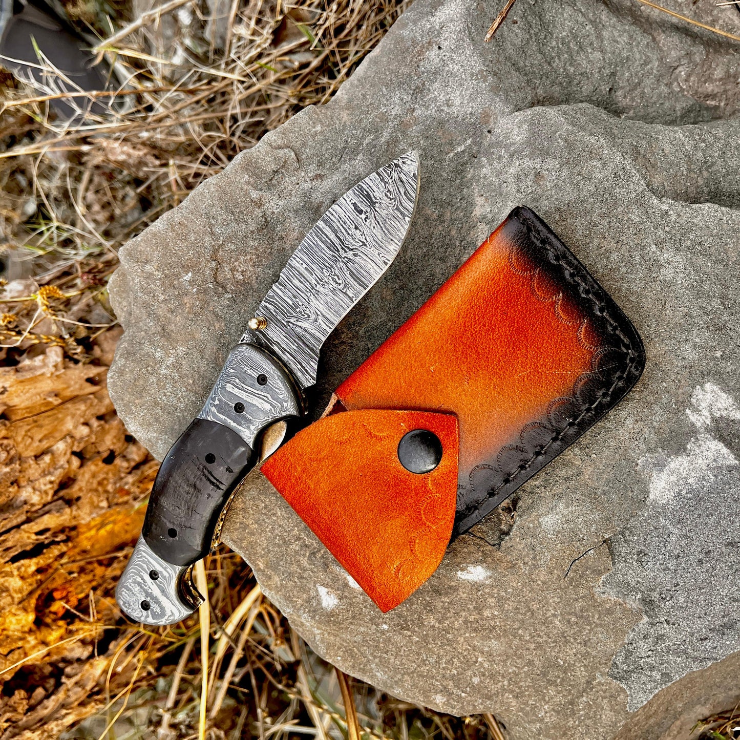 Personalized Damascus Folding Pocket Knife Ram Horn Handle Handmade EDC Knife with Pouch Engraved Anniversary Gift for Him