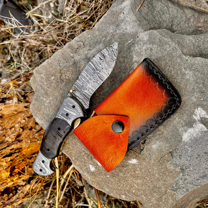 Personalized Damascus Folding Pocket Knife Ram Horn Handle Handmade EDC Knife with Pouch Engraved Anniversary Gift for Him