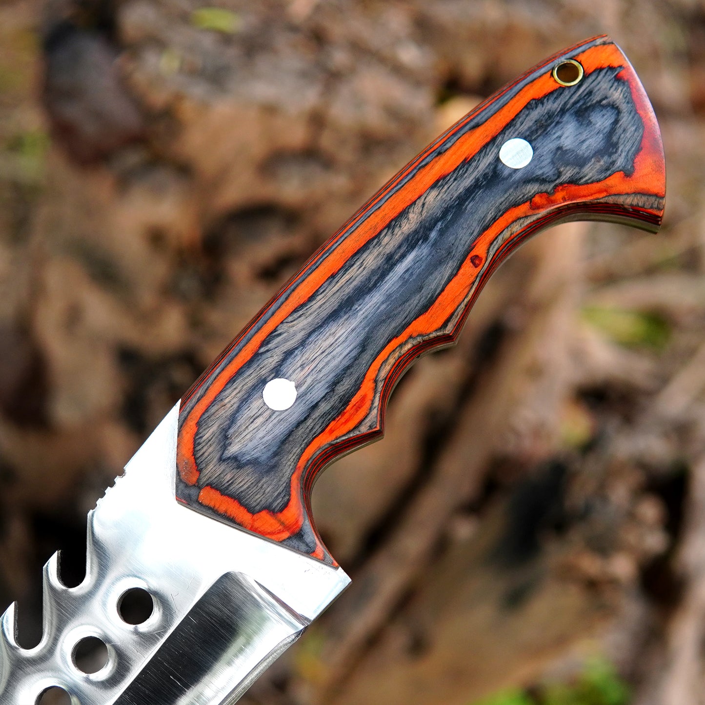 Side profile of the full tang survival knife showing balanced design and sturdy construction built for reliability in tough environments like camping and bushcraft trips.