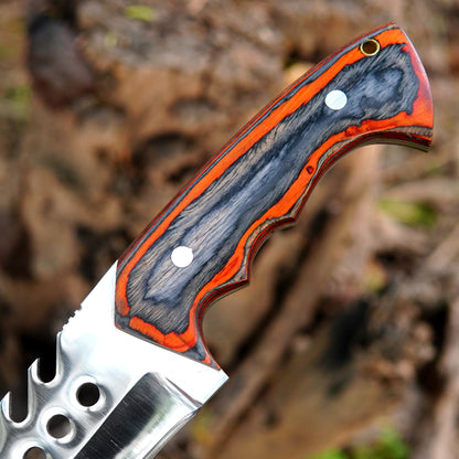Side profile of the full tang survival knife showing balanced design and sturdy construction built for reliability in tough environments like camping and bushcraft trips.