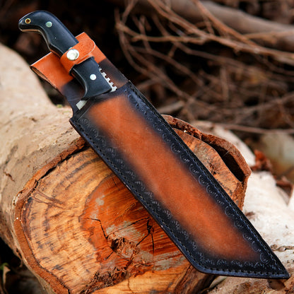 Detailed image showing full tang construction of handmade bowie knife with comfortable handle grip and polished carbon steel blade designed for balance strength and long lasting performance in outdoor environments.