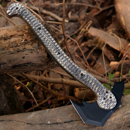 Handmade camping axe paired with a premium leather sheath for safe storage and carry.