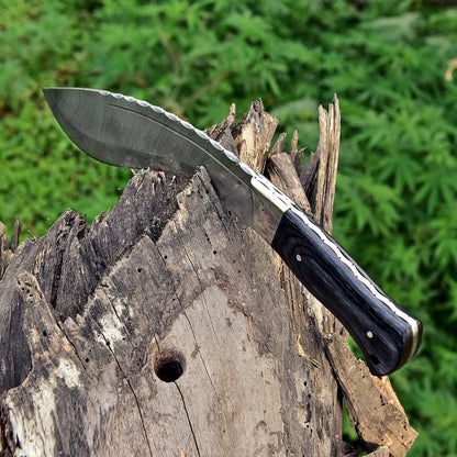 Custom handmade Damascus knife with curved Kukri blade, brown leather sheath, and high-carbon steel layers, perfect for collectors and adventurers.