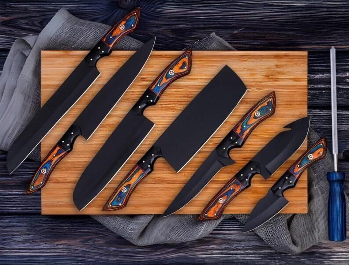 Black Premium Forged Chef Knife Set – Kitchen & Outdoor Cooking Set with Leather Roll | Gift for Him Valentine Gift