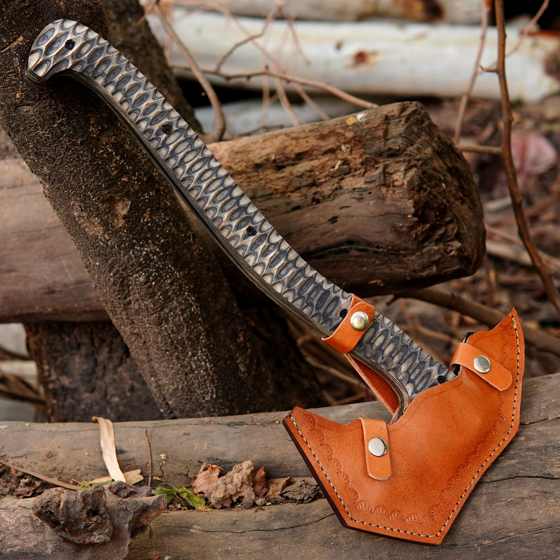 Custom crafted outdoor axe featuring a textured synthetic handle for secure grip.