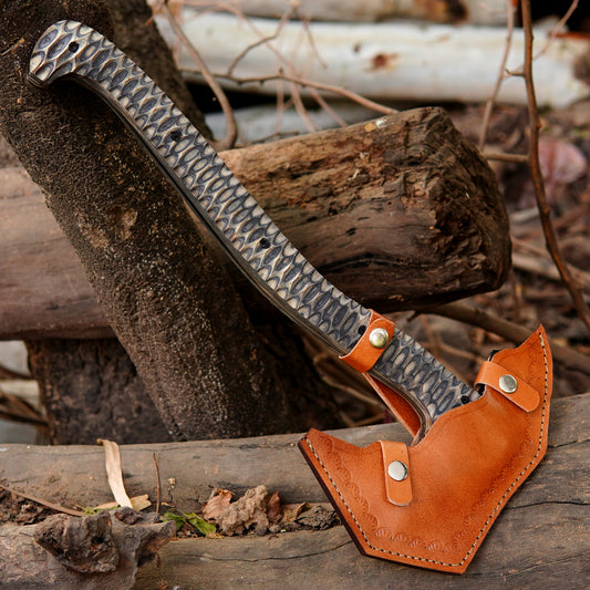 Custom crafted outdoor axe featuring a textured synthetic handle for secure grip.
