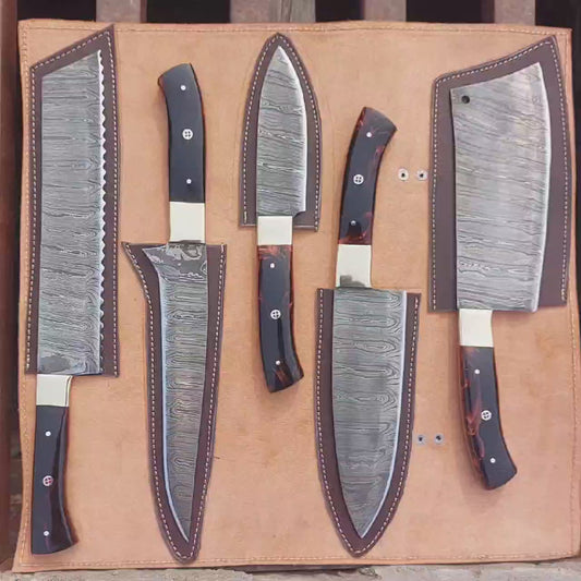 Custom Handmade Damascus Steel Chef Set Resin Handle Full Tang Kitchen Knife Set