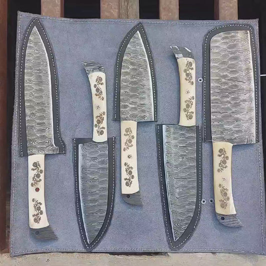 Custom Handmade Kitchen Knife Set Damascus Steel Full Tang Natural Material Handle Set