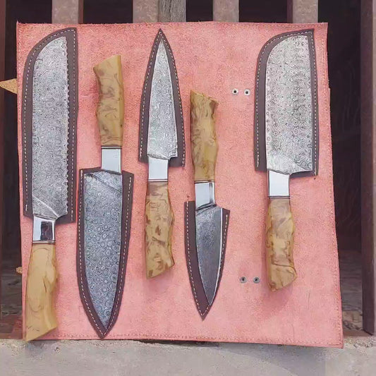 Custom Handmade Kitchen Knife Set Damascus Steel Resin Handle Chef Set 5 pcs