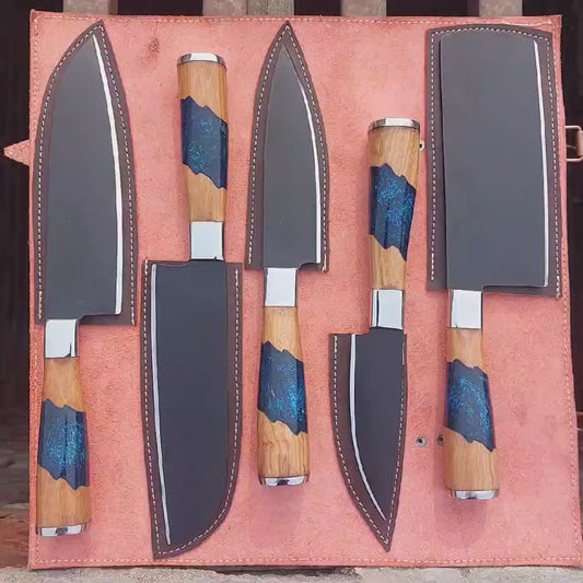 Custom Handmade Carbon Steel Chef Knife Set 5 pcs Resin Handles Kitchen Knives