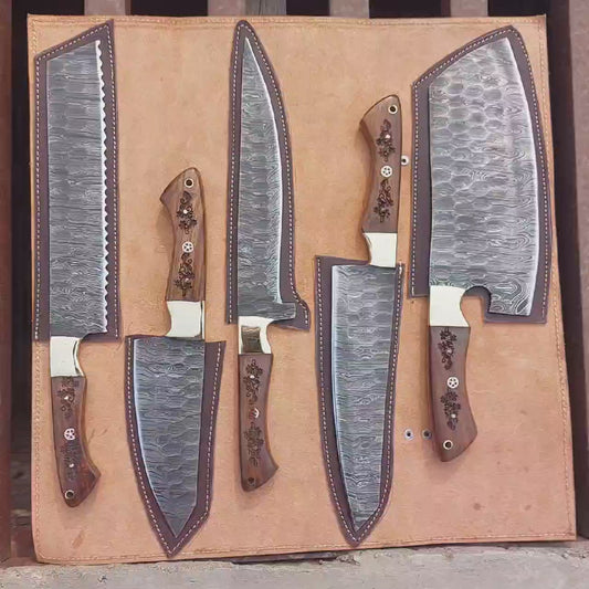 Chef Knife Set Custom Handmade Damascus Steel Full Tang Forged Steel Knife Set