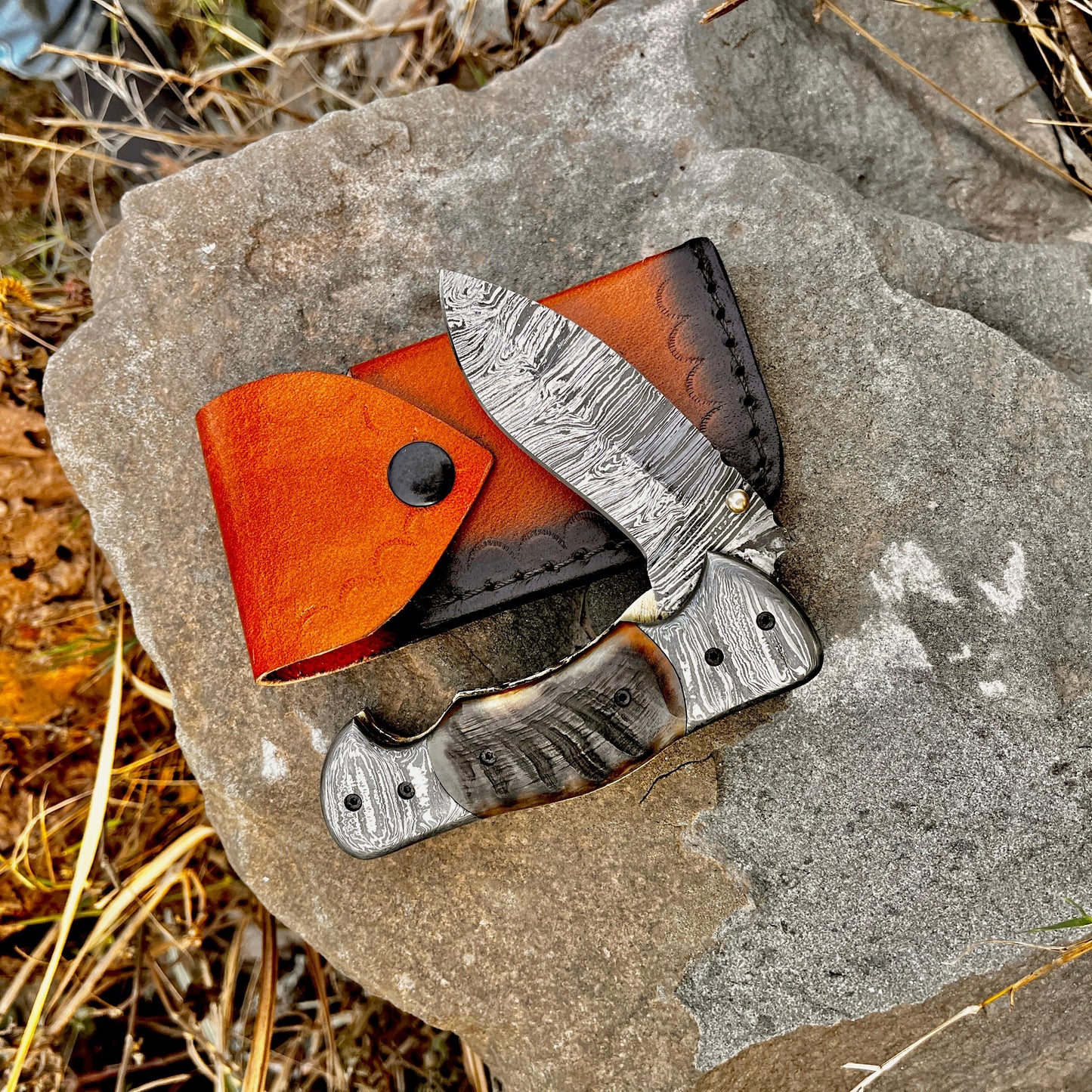 Personalized Damascus Folding Pocket Knife Ram Horn Handle Handmade EDC Knife with Pouch Engraved Anniversary Gift for Him