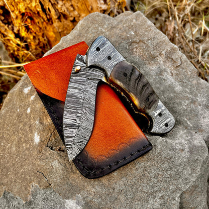 Personalized Damascus Folding Pocket Knife Ram Horn Handle Handmade EDC Knife with Pouch Engraved Anniversary Gift for Him