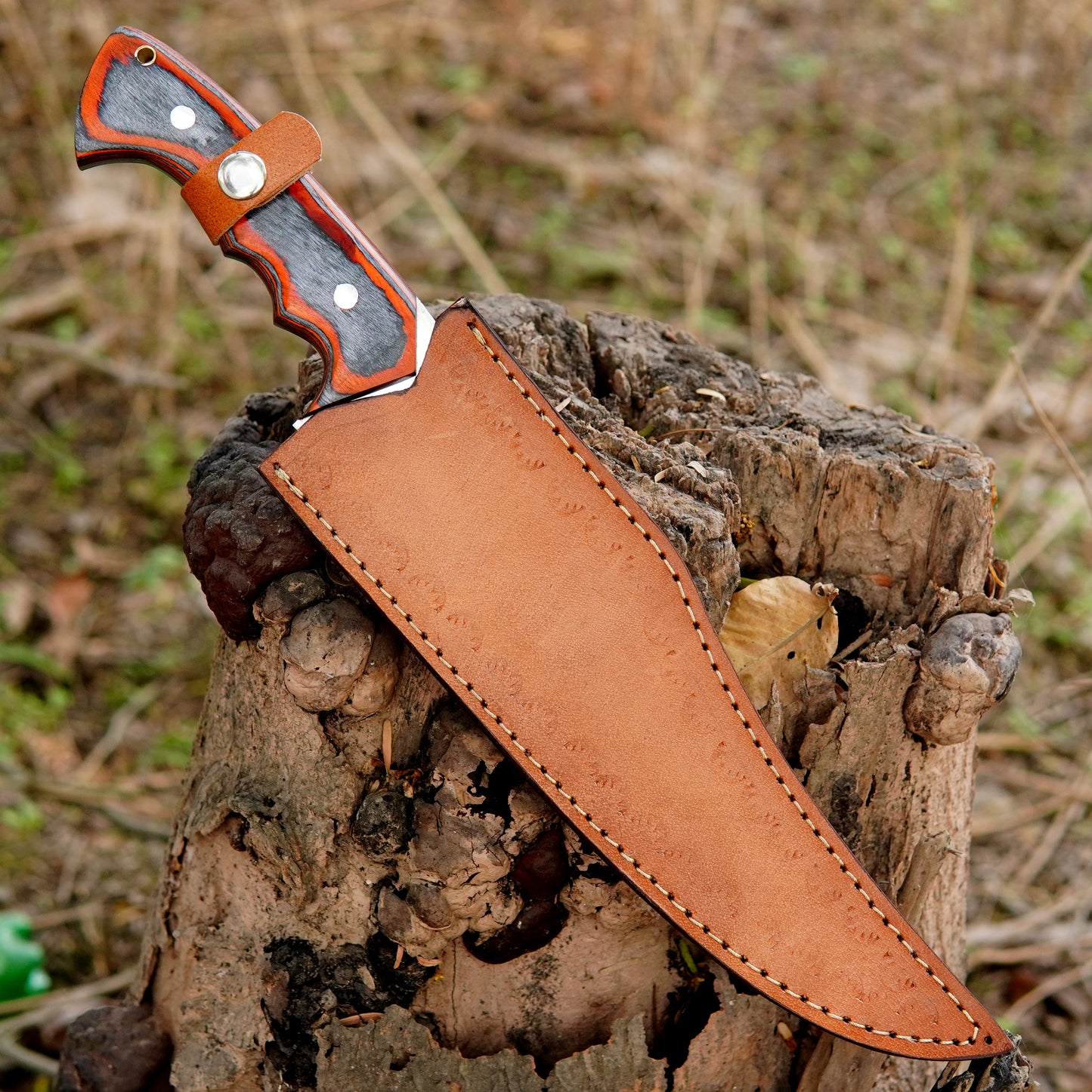 Detailed view of the carbon steel blade with polished finish and sawback spine for added cutting performance. The thick blade provides strength and durability for wood cutting rope slicing and field work.