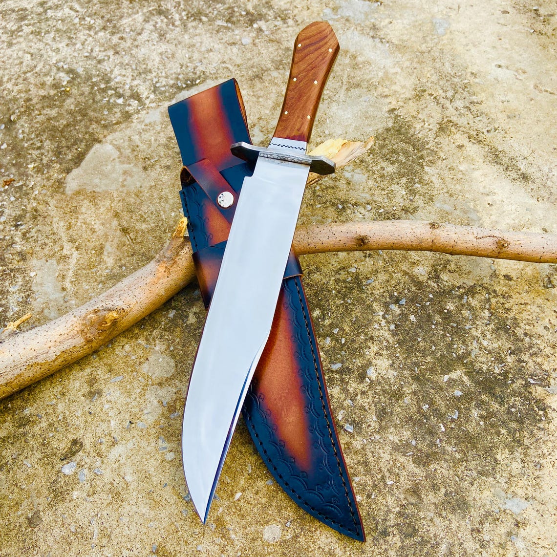 Outdoor display of a mirror-polished carbon steel Bowie knife resting on a brown and black leather sheath. The ergonomic rosewood coffin handle ensures comfort and precision. A handcrafted masterpiece designed for camping, survival, or gifting.