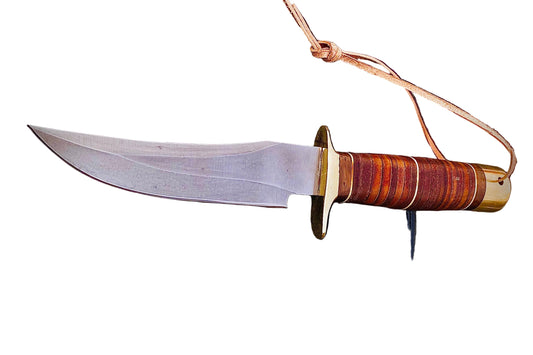 Handmade hunting knife featuring a stacked leather handle with brass guard and butt cap, offering both durability and a classic design. Comes with a stitched black leather sheath for safe storage and portability, making it a perfect choice for hunters, campers, and collectors.