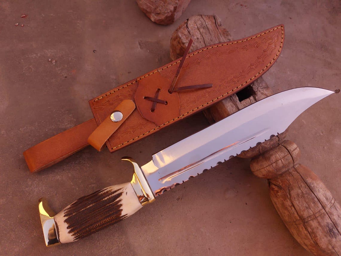 Angled photo of mirror-polished Bowie knife showing curved clip point blade and stag handle.
